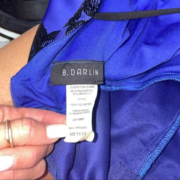 B Darlin dress Flocked Velvet Floral Fit & Flare mini SZ 11/12 black/blue skater - Picture 7 of 16